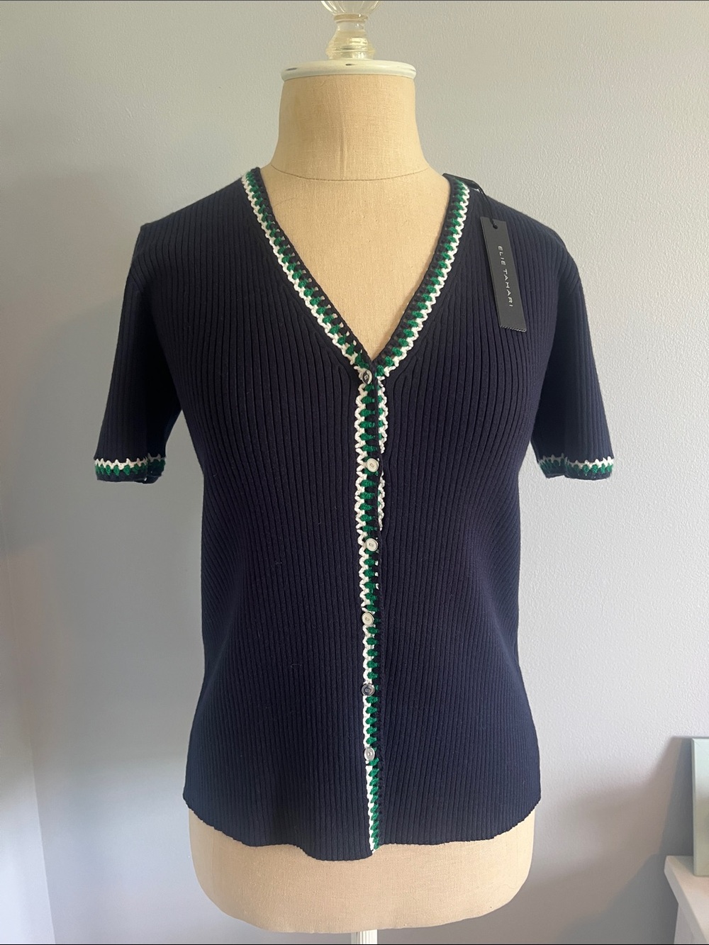 Elie Tahari Navy Ribbed Short-Sleeve Cardigan with Green and White Trim
